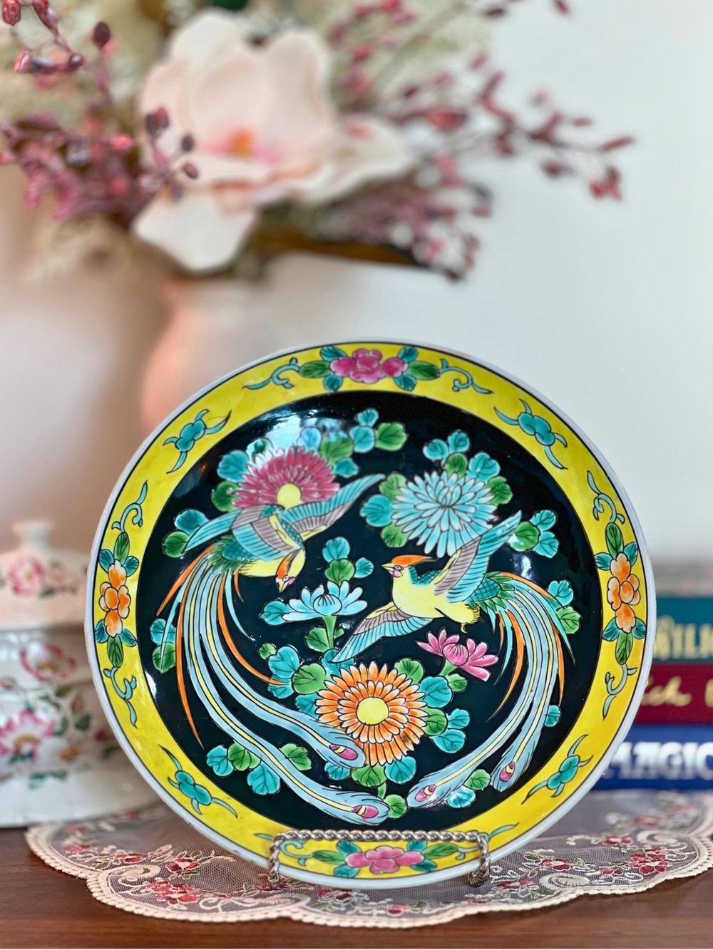 Hand-Painted Floral & Bird Decorative Plate in Yellow and Black